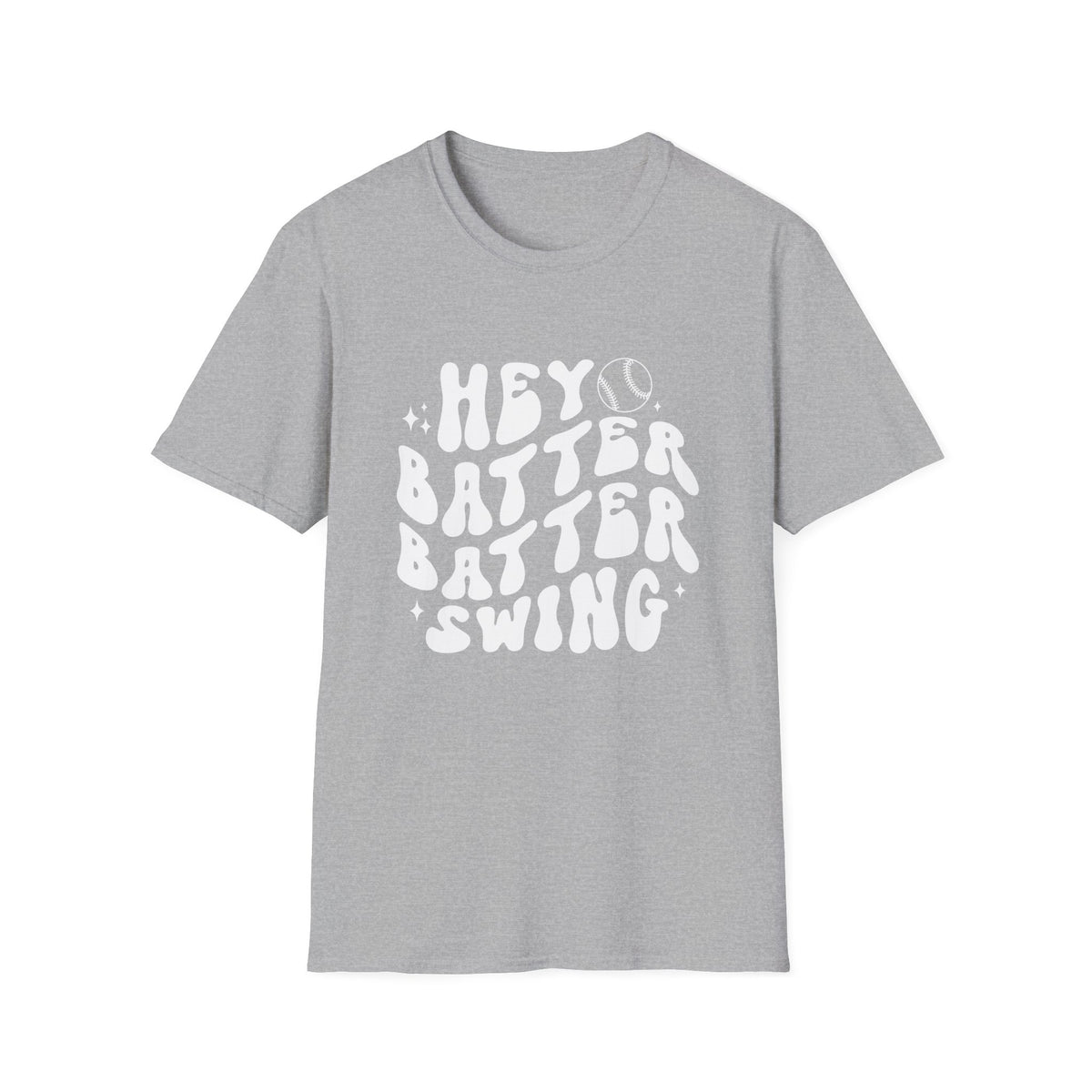 Hey Batter Batter Swing Baseball or Softball Retro Font Graphic T-Shirt Sports Tee (12 Team Colors)