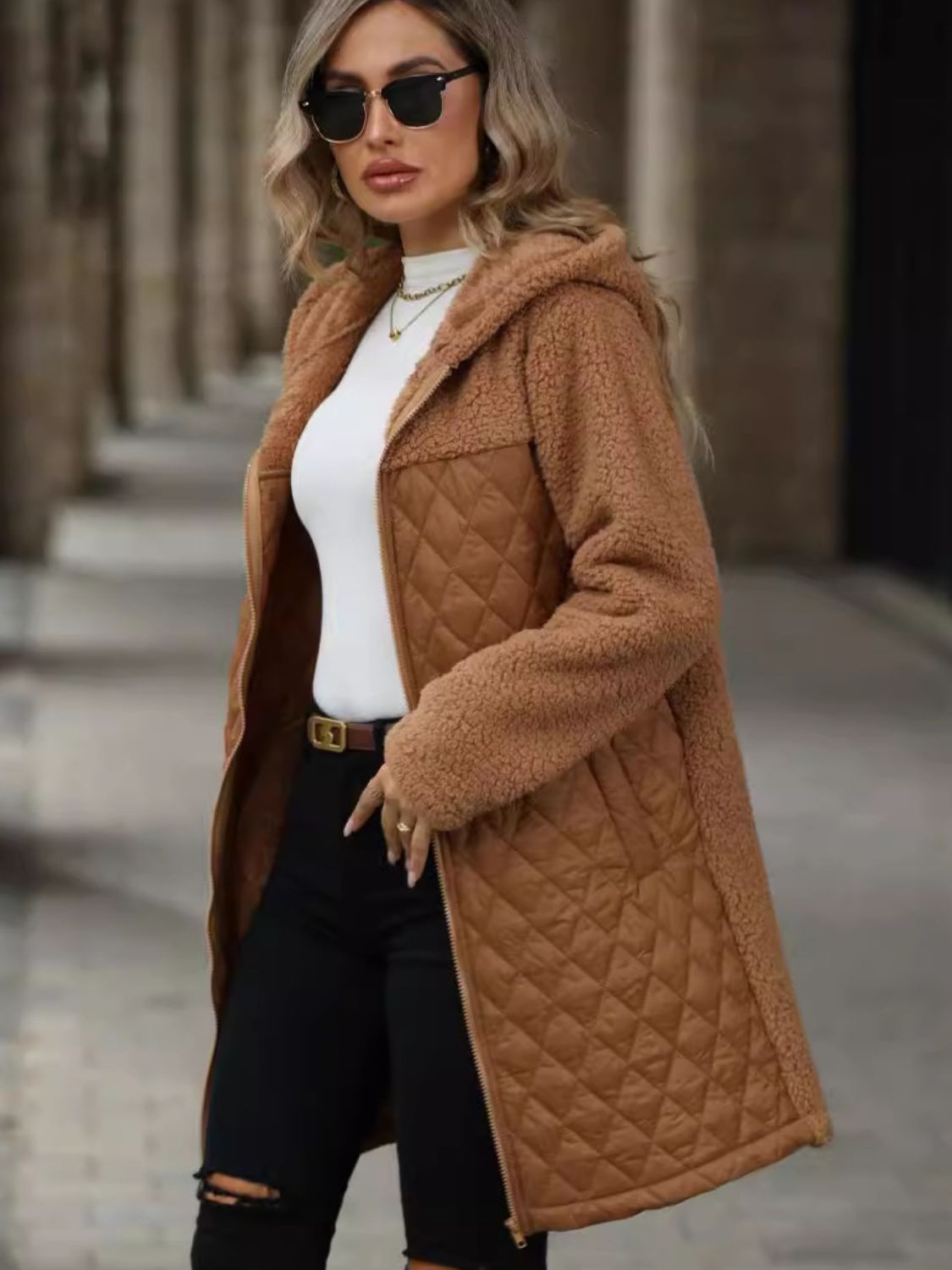 Texture Zip Up Long Sleeve Hooded Coat - Sydney So Sweet