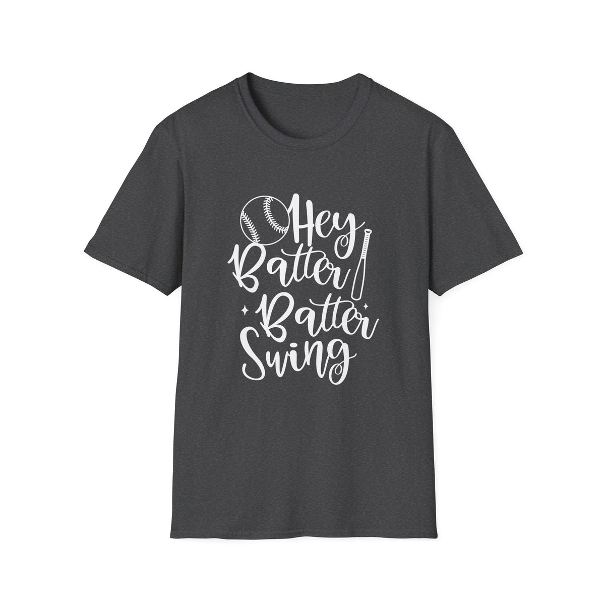 Hey Batter Batter Swing Baseball Graphic T-Shirt Cute Sports Mom Tee (12 Team Colors)
