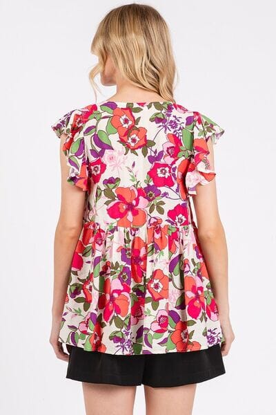 Mittoshop Floral V-Neck Ruffled Cap Sleeve Blouse - Sydney So Sweet