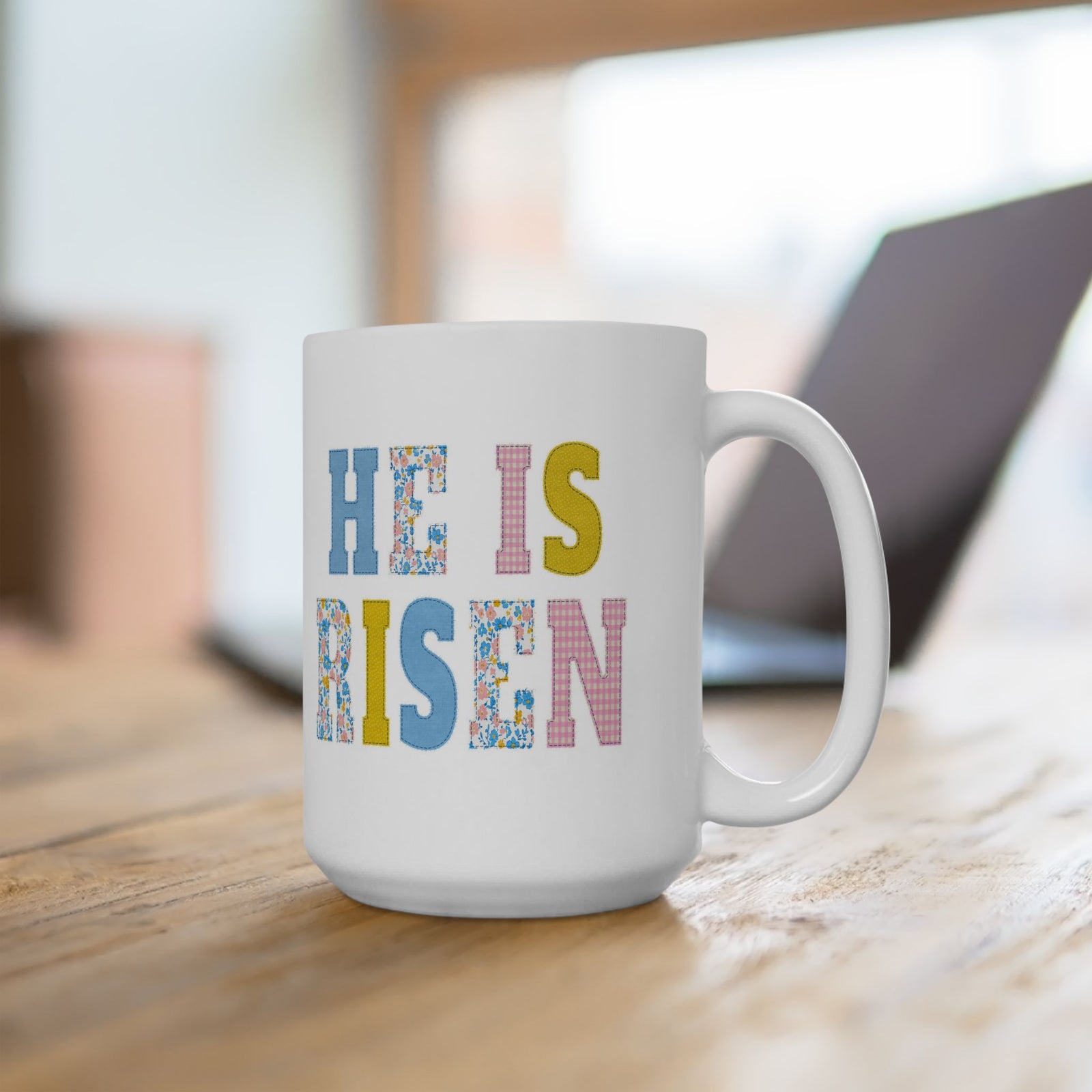 He is Risen Cross Floral Patchwork Ceramic Mug Coffee Cup (11oz & 15oz)
