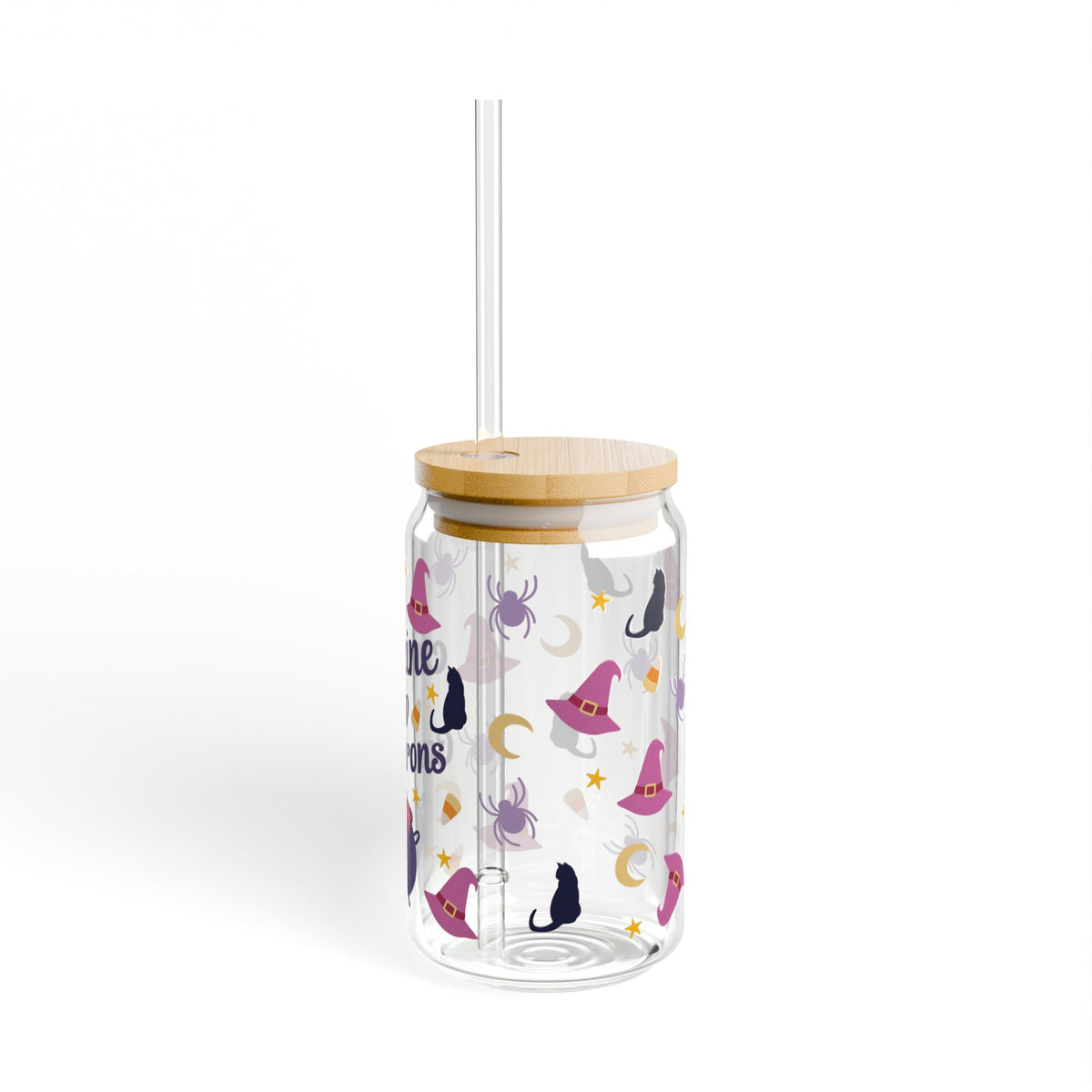 Caffeine and Cauldrons Halloween Sipper Glass 16oz Reusable Drink Jar with Lid & Straw