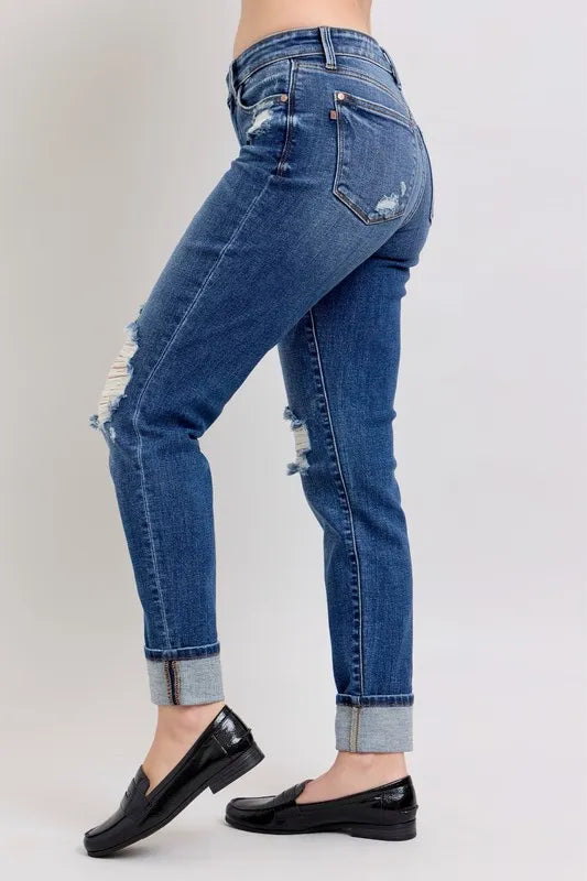 Judy Blue Full Size Mid Rise Boyfriend destroy Jeans with Yoke Pockets and Faux Selvedge Cuff Plus Size - Sydney So Sweet