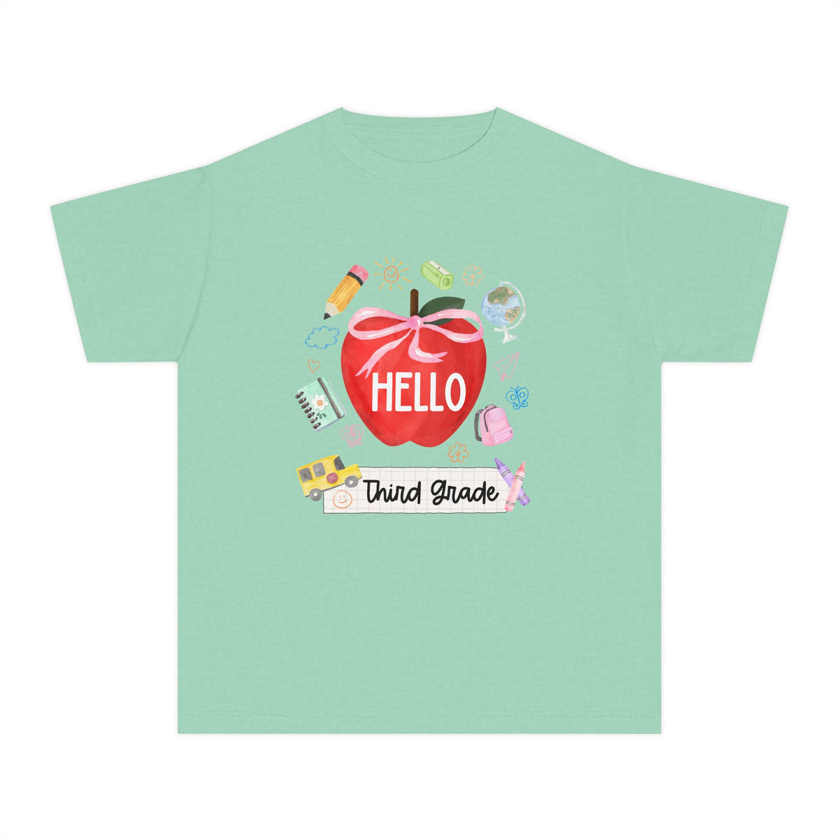 Hello Third Grade Preppy Coquette Apple Graphic Tee Back to School 3rd Grade T-Shirt
