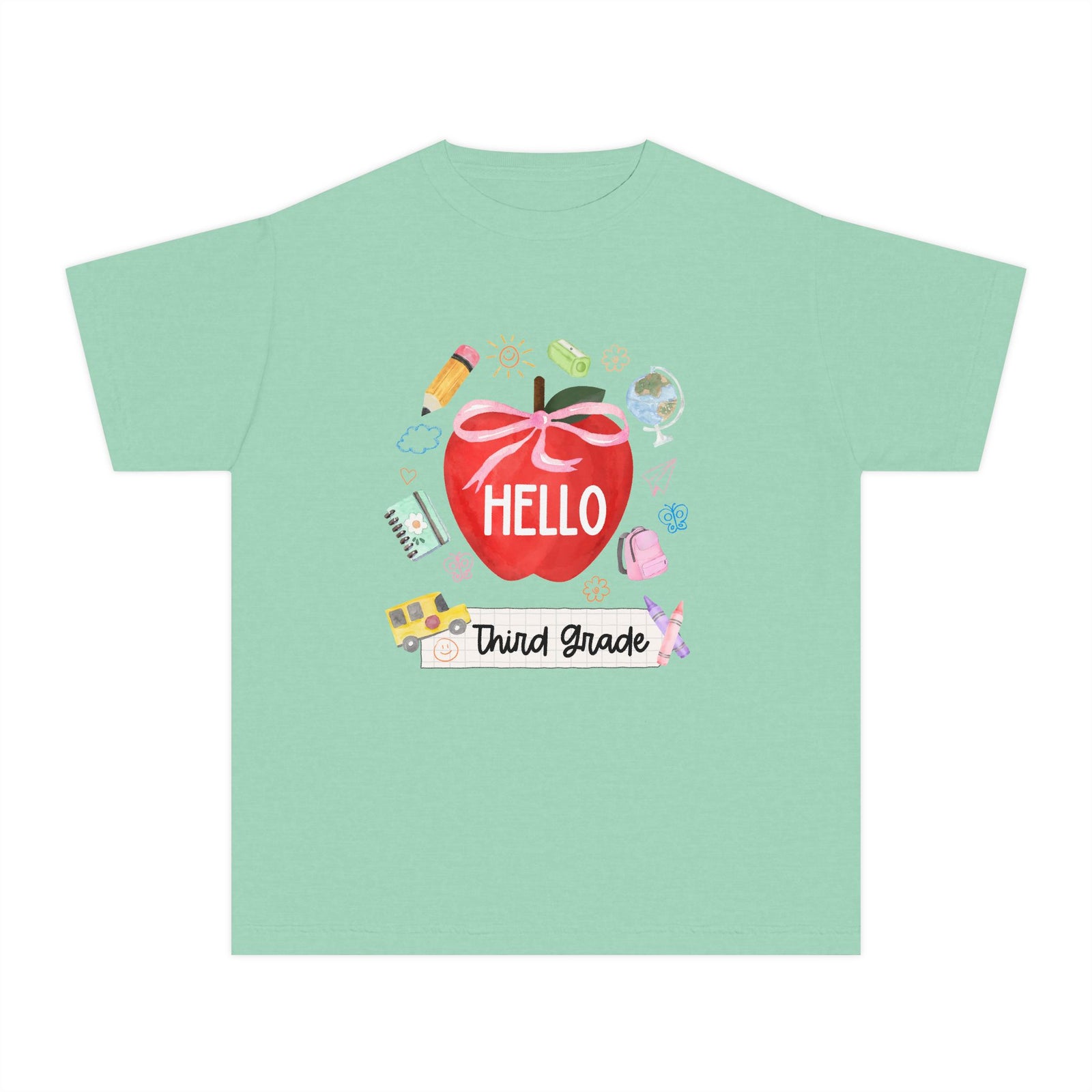 Hello Third Grade Preppy Coquette Apple Graphic Tee Back to School 3rd Grade T-Shirt