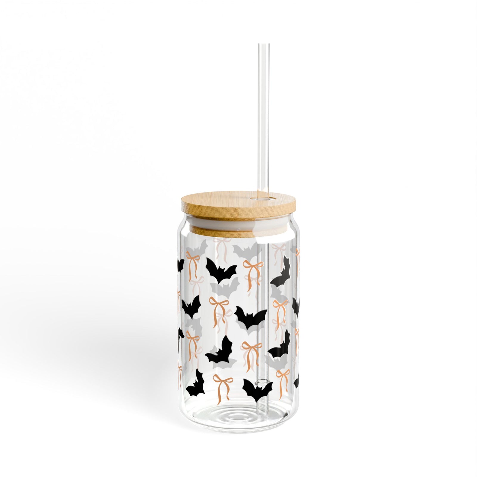Cute Black Bats and Bows Halloween Sipper Glass 16oz Reusable Drink Jar with Lid & Straw