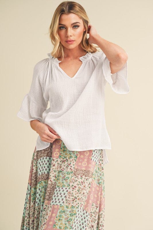 Aemi + Co Side Slit Notched Ruffled Half Sleeve Blouse - Sydney So Sweet