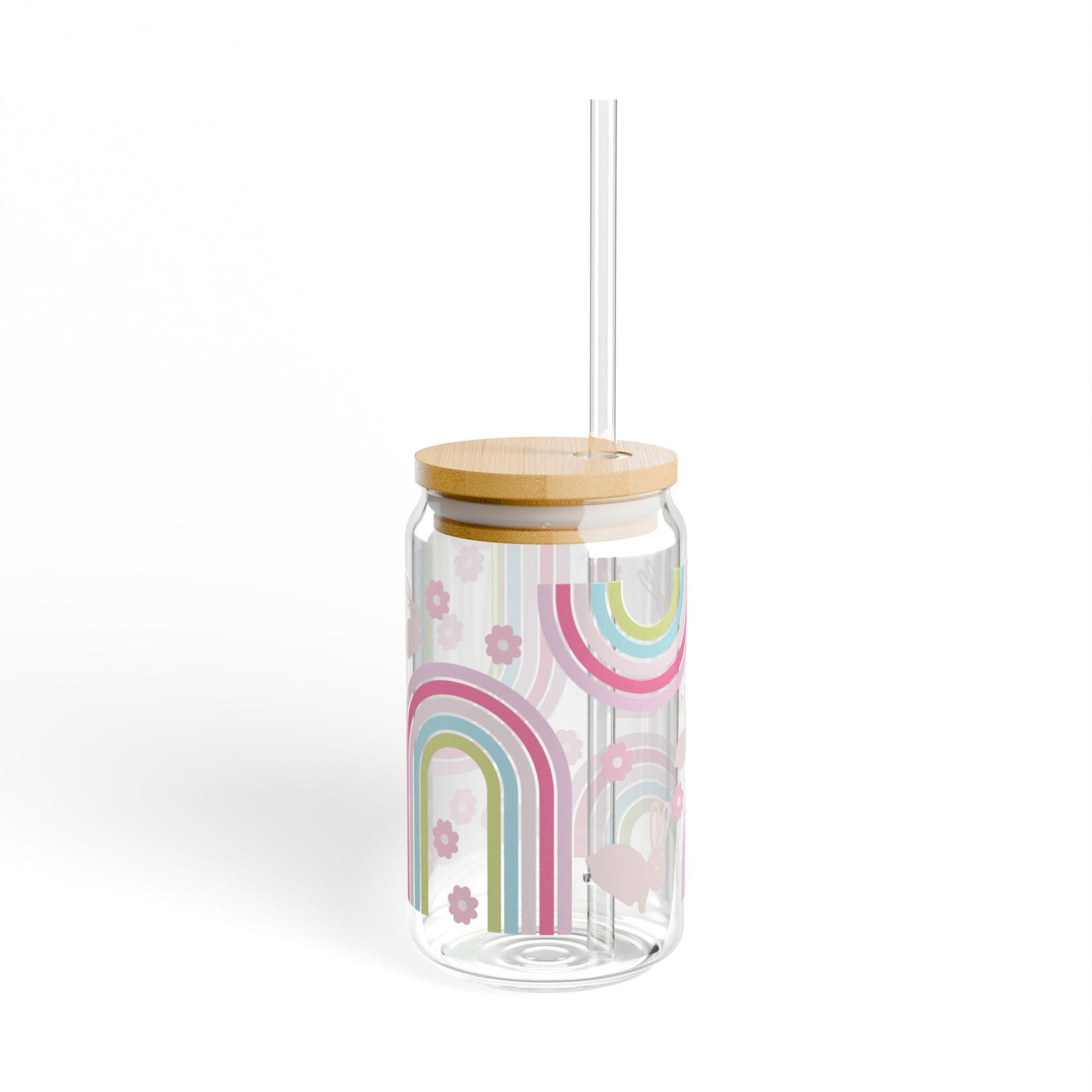 Pastel Bunny Rainbow Tumbler Sipper Glass 16oz — Reusable Drink Jar with Lid & Straw