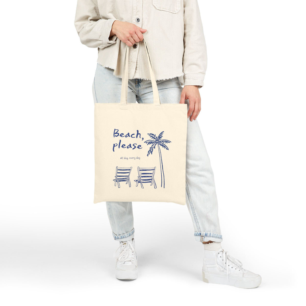 Beach Please Cotton Canvas Tote Bag Palm Tree & Chairs Summer Beach Bag