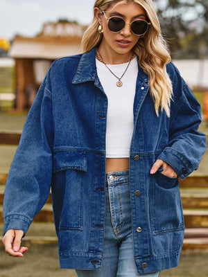 Dropped Shoulder Denim Jacket with Pockets - Sydney So Sweet