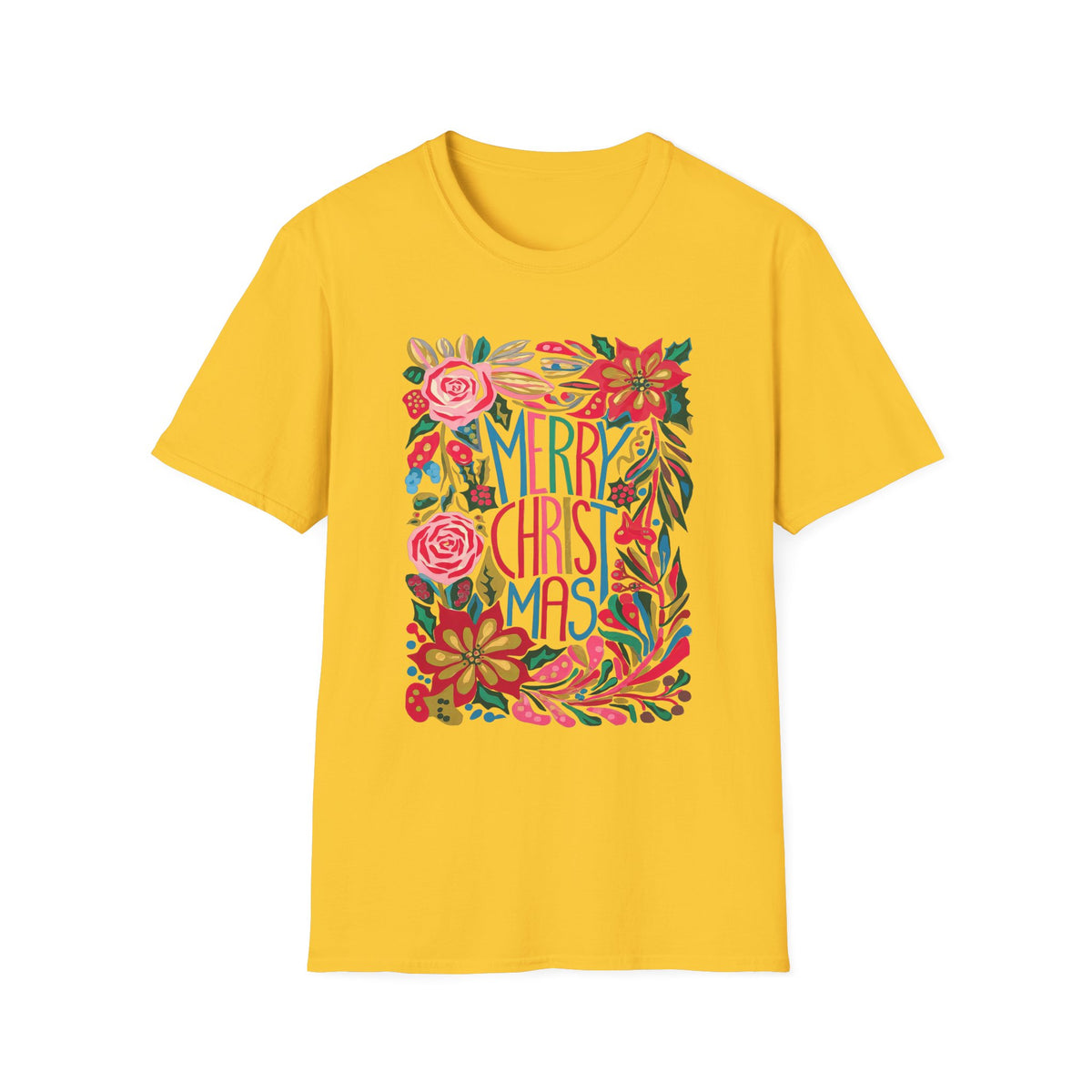 Merry Christmas Bright Holiday Florals Tee Graphic T-Shirt