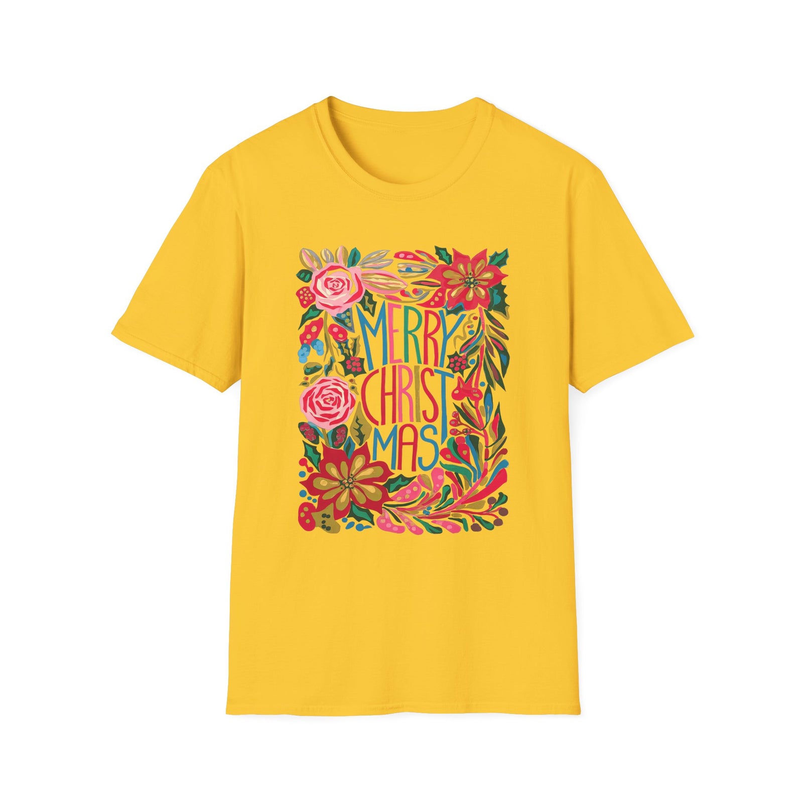 Merry Christmas Bright Holiday Florals Tee Graphic T-Shirt