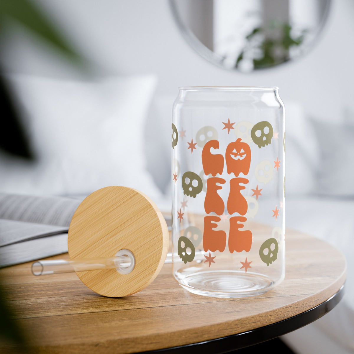 Spooky Coffee Halloween Sipper Glass 16oz Reusable Drink Jar with Lid & Straw