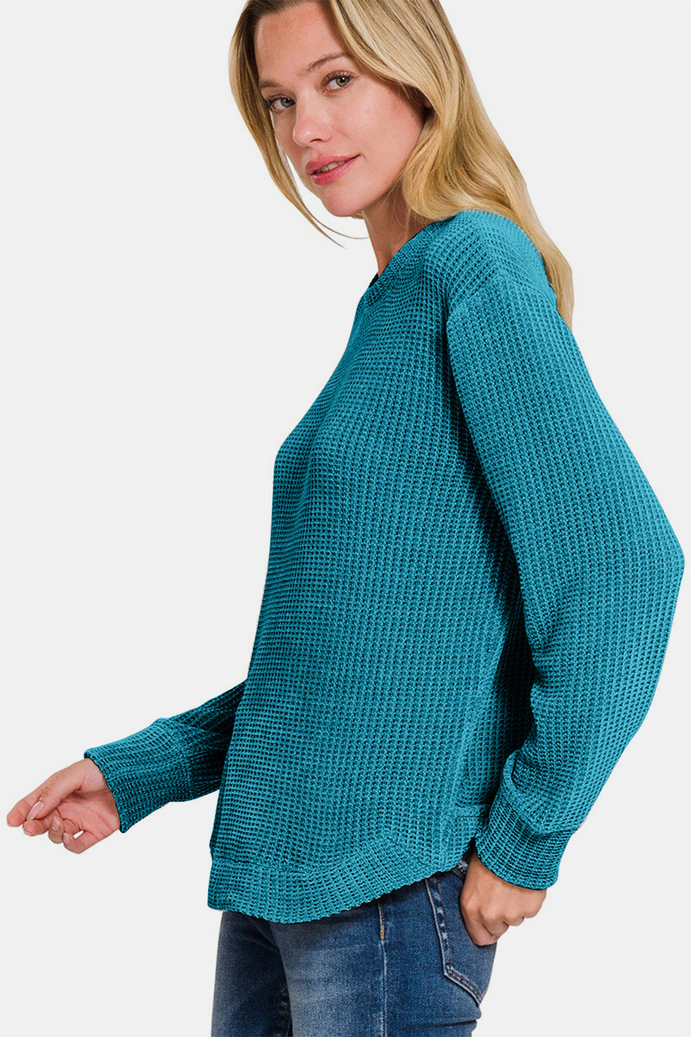 Zenana Chenille Waffle Round Neck Sweater - Sydney So Sweet