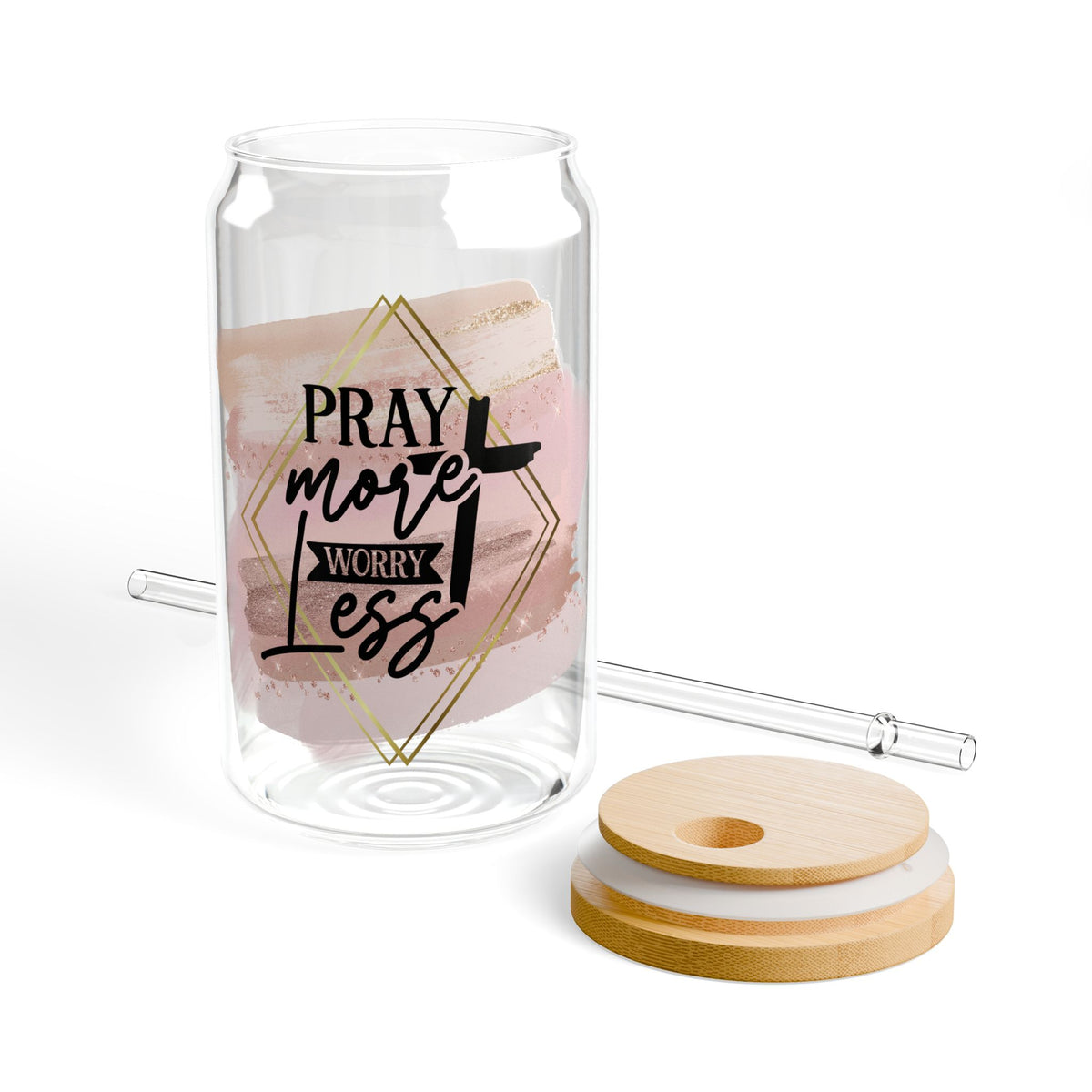 Pray More Worry Less Christian Tumbler Sipper Glass 16oz — Reusable Drink Jar with Lid & Straw