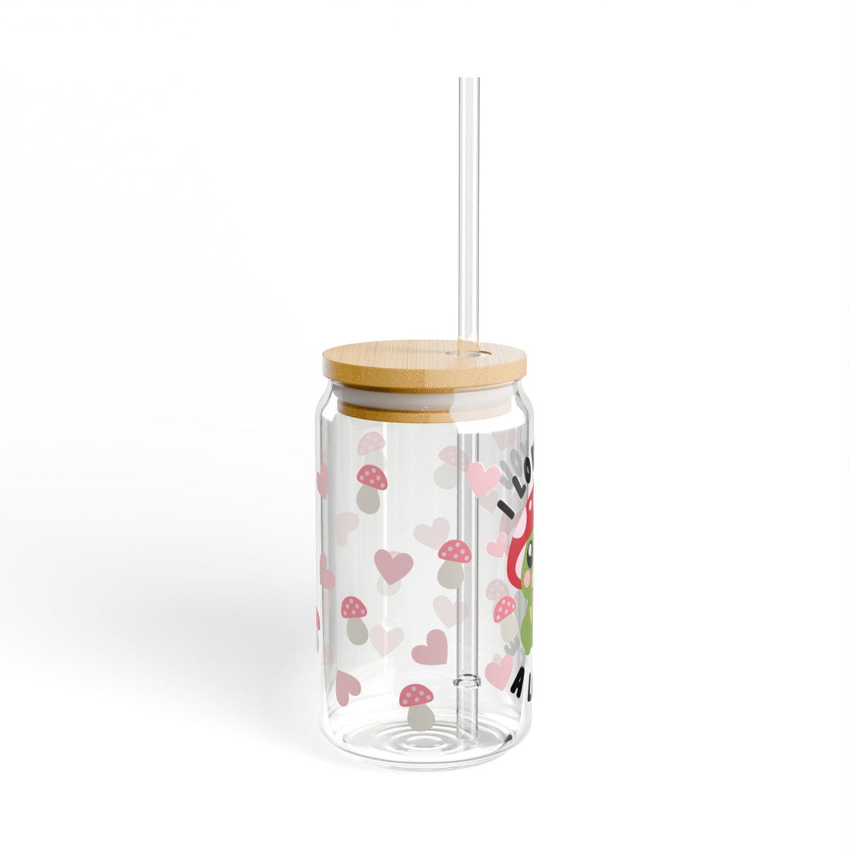 Love You a Latte Mushroom Tumbler Sipper Glass 16oz — Reusable Drink Jar with Lid & Straw - Sydney So Sweet
