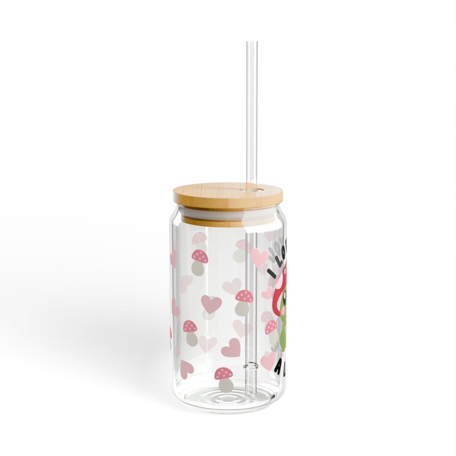 Love You a Latte Mushroom Tumbler Sipper Glass 16oz — Reusable Drink Jar with Lid & Straw - Sydney So Sweet