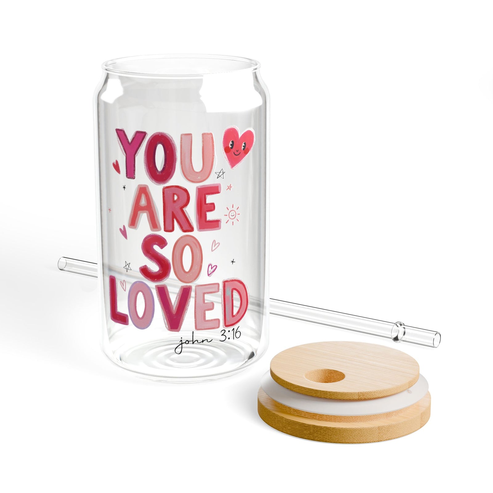 You Are So Loved Tumbler Sipper Glass 16oz — Reusable Drink Jar with Lid & Straw - Sydney So Sweet
