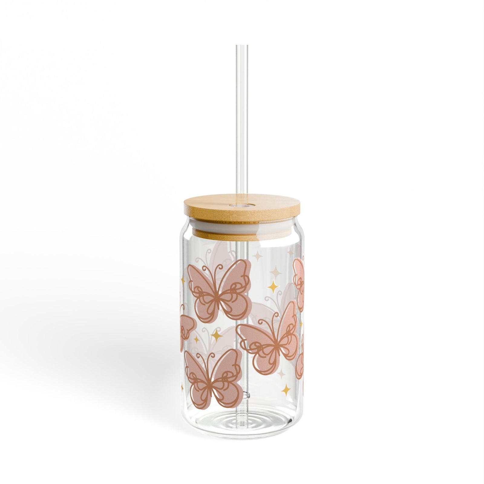 Peachy Butterfly Tumbler Sipper Glass 16oz — Reusable Drink Jar with Lid & Straw