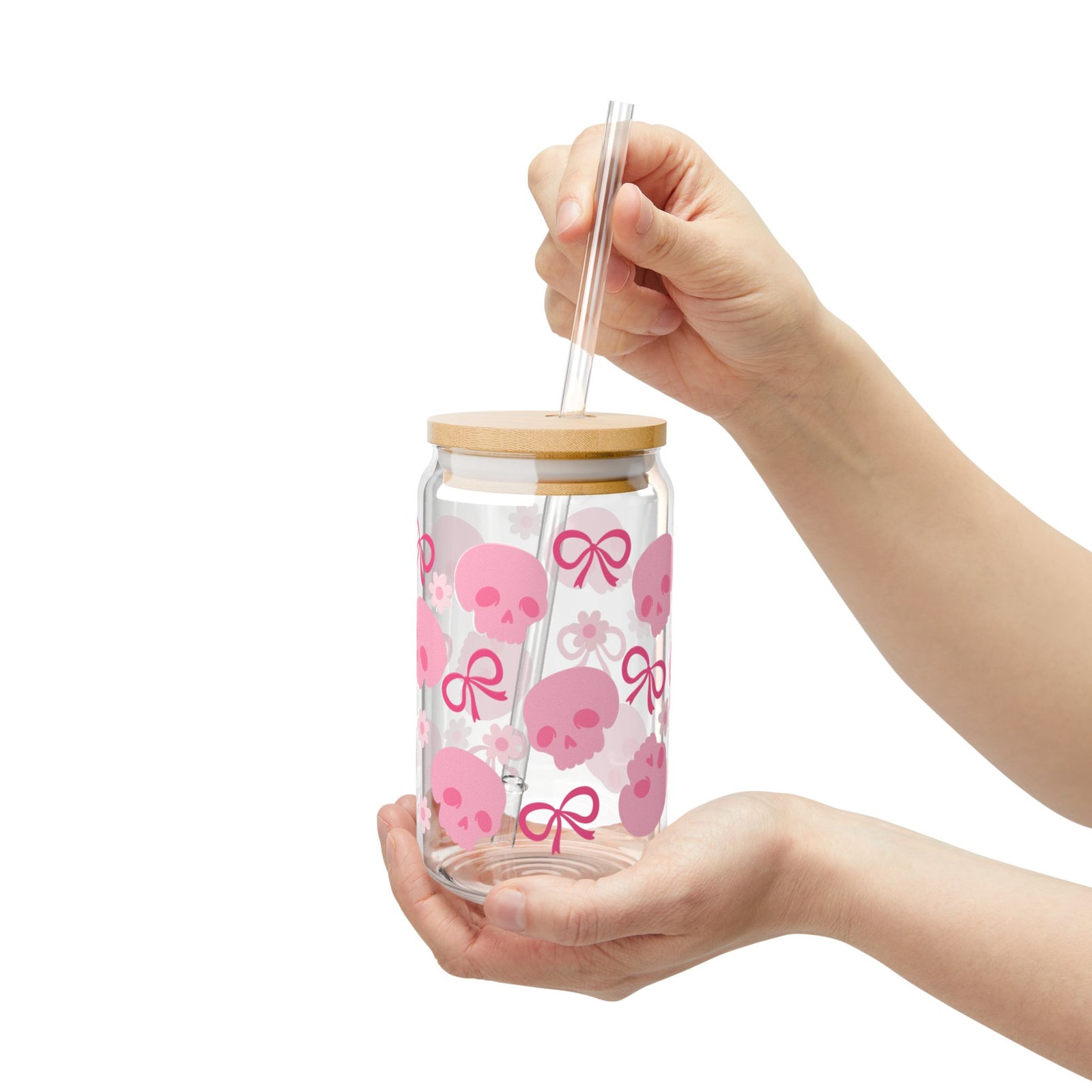 Girly Pink Skull Halloween Sipper Glass 16oz Reusable Drink Jar with Lid & Straw