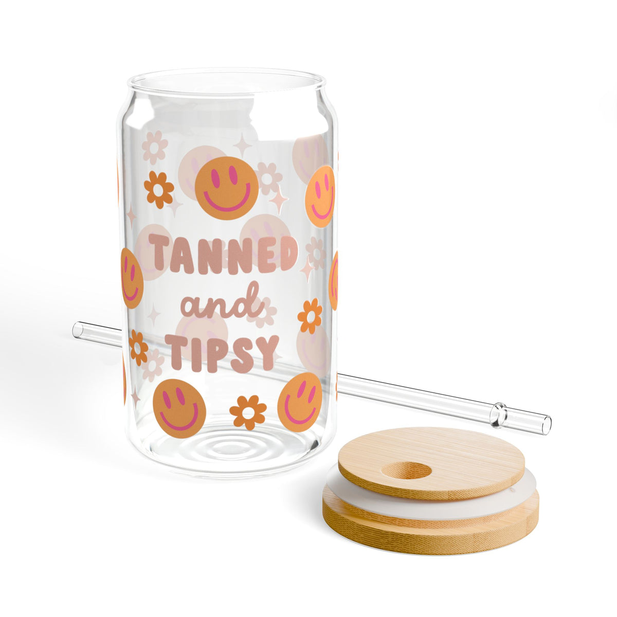 Tanned & Tipsy Tumbler Sipper Glass 16oz — Reusable Drink Jar with Lid & Straw