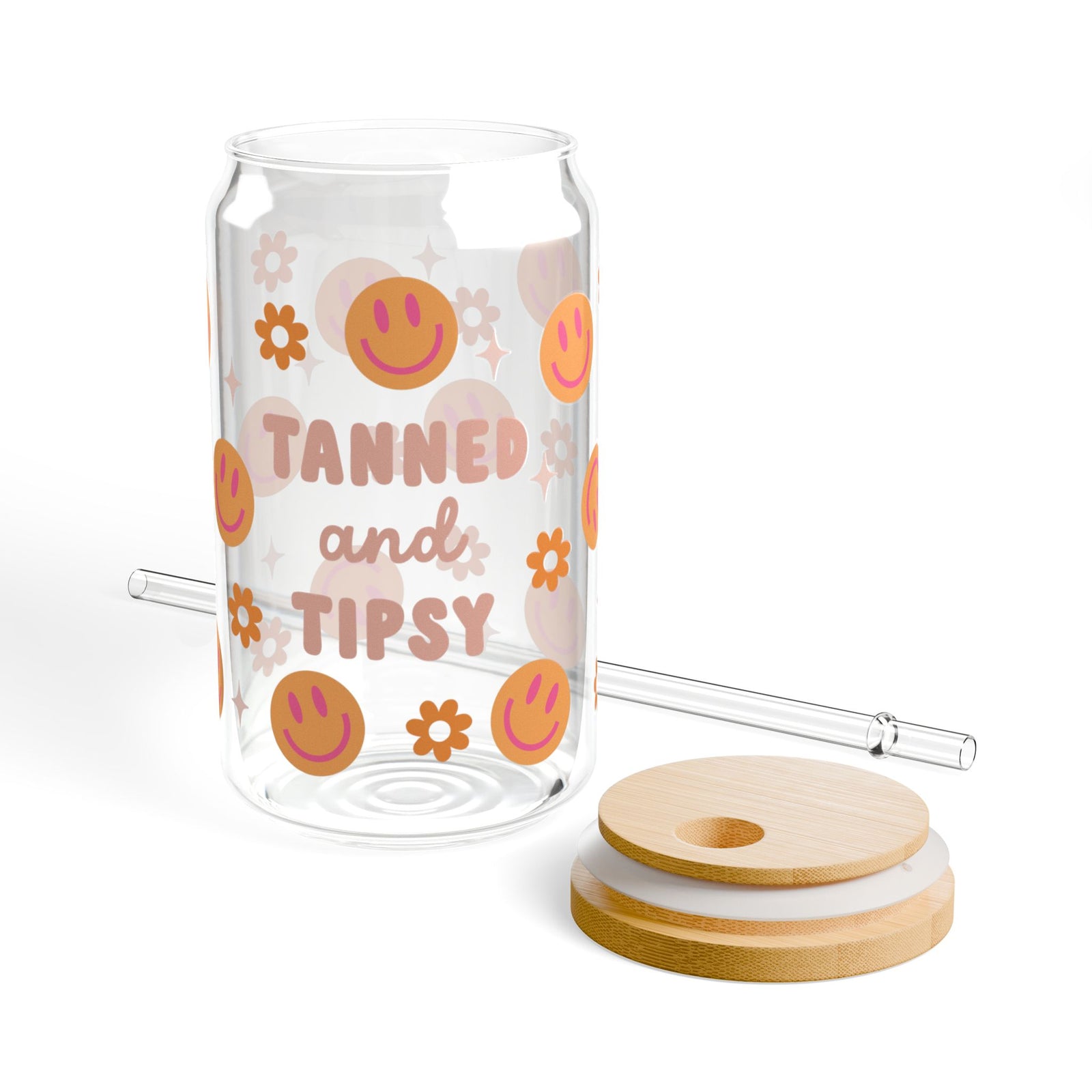 Tanned & Tipsy Tumbler Sipper Glass 16oz — Reusable Drink Jar with Lid & Straw