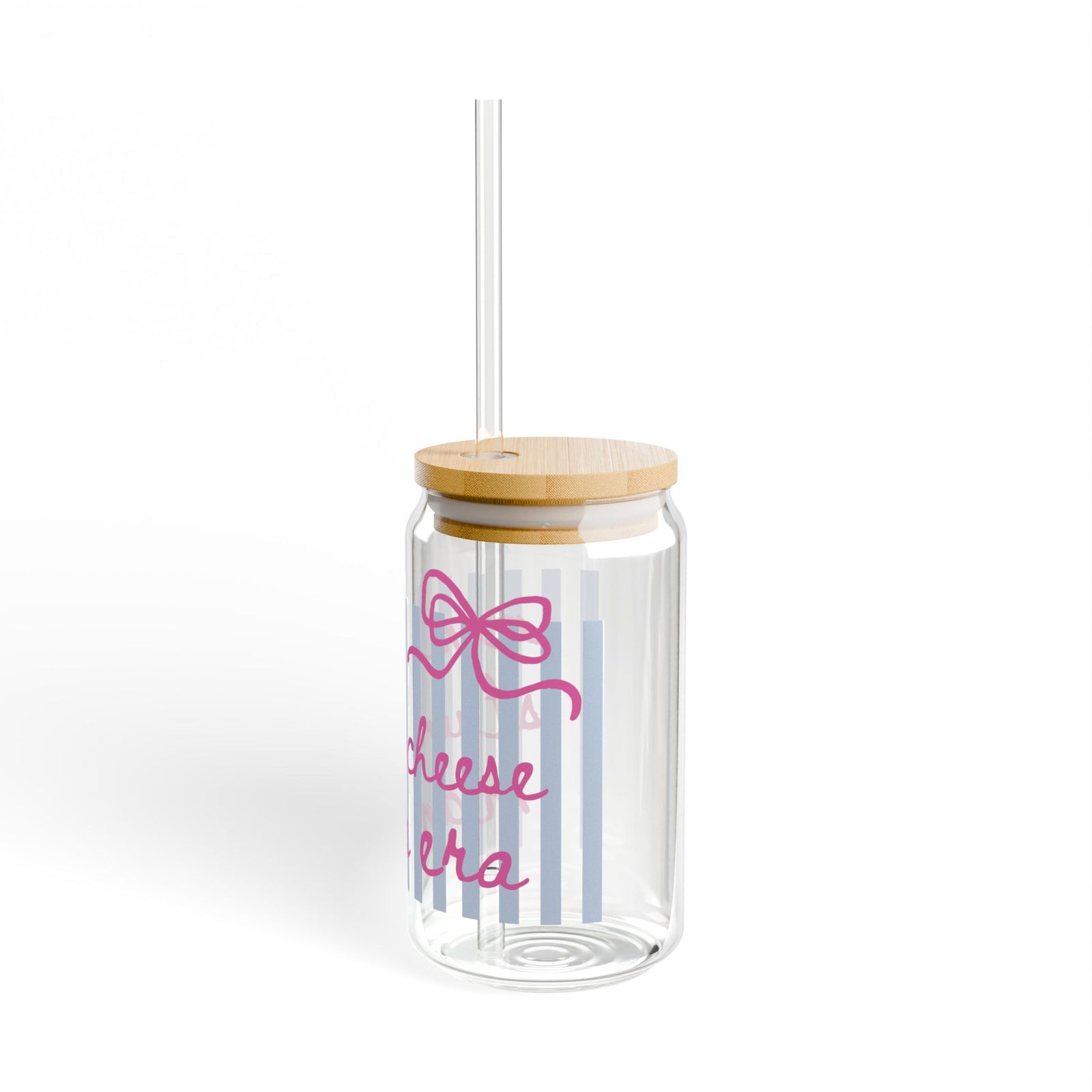 In My String Cheese Cheer Mama Era  Pink Script Sipper Glass 16oz Reusable Drink Jar with Lid & Straw