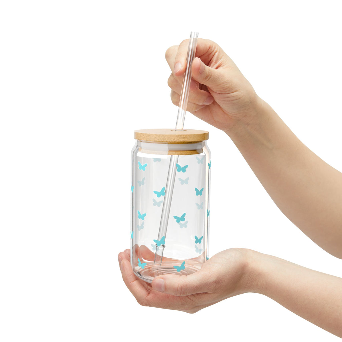 Mini Butterfly Turquoise Blue Sipper Glass 16oz — Reusable Drink Jar with Lid & Straw
