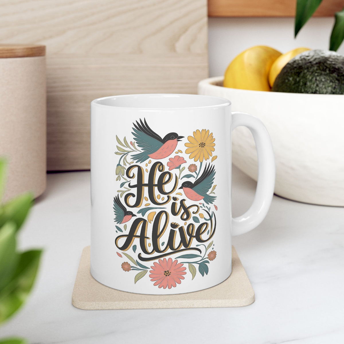 He is Alive Floral Birds Easter Christian Ceramic Mug Coffee Cup (11oz & 15oz)
