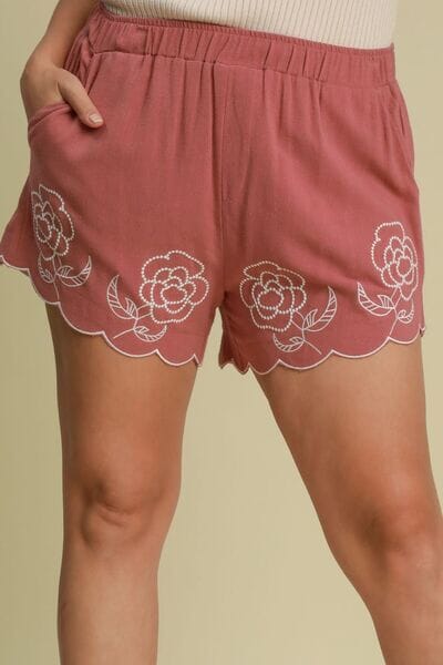 Umgee Full Size Linen Blend Shorts with Floral Embroidered Details Plus Size - Sydney So Sweet