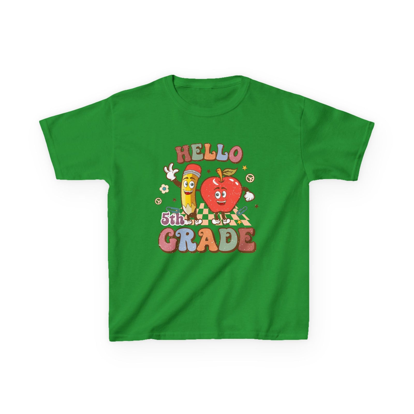 Hello 5th Grade Cute Apple & Pencil Graphic Tee Back-to-School Fifth Grade Kids T-Shirt
