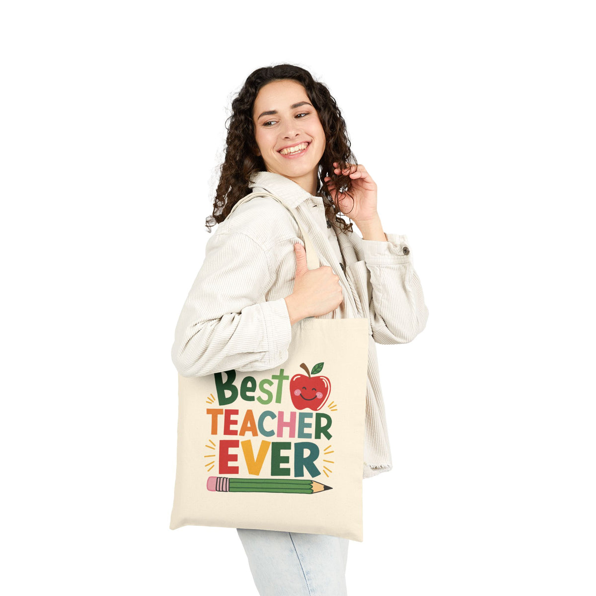 Best Teacher Ever Tote Cute Apple & Pencil Teacher Appreciation Cotton Canvas Bag