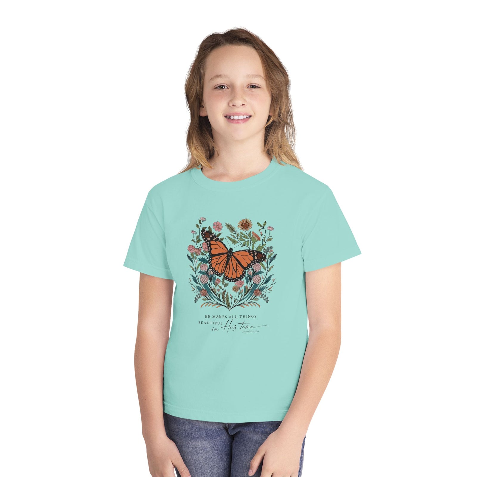 He Makes All Things Beautiful T-Shirt Christian Butterfly Kids Graphic Tee