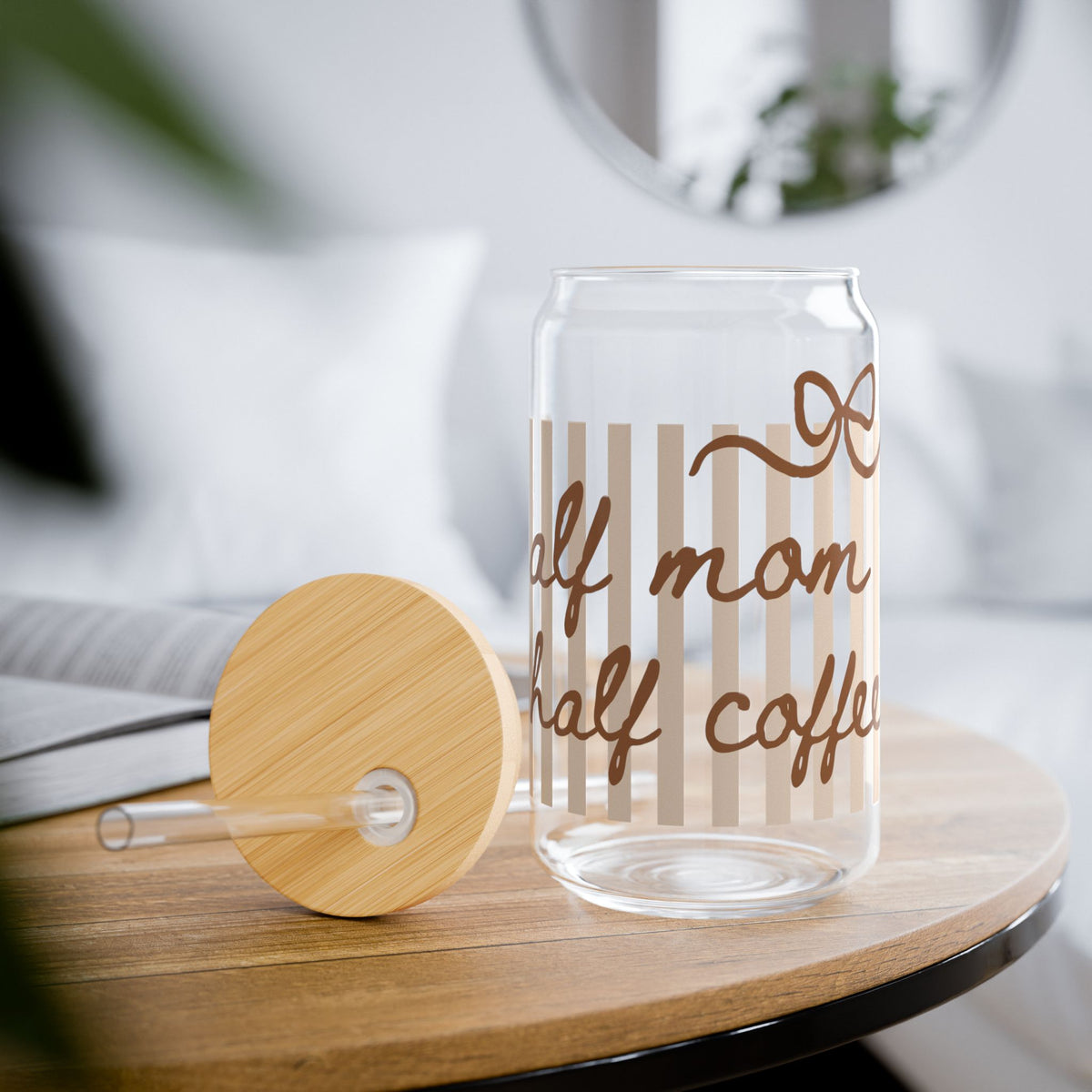 Half Mom Half Coffee Sipper Glass 16oz Reusable Drink Jar with Lid & Straw