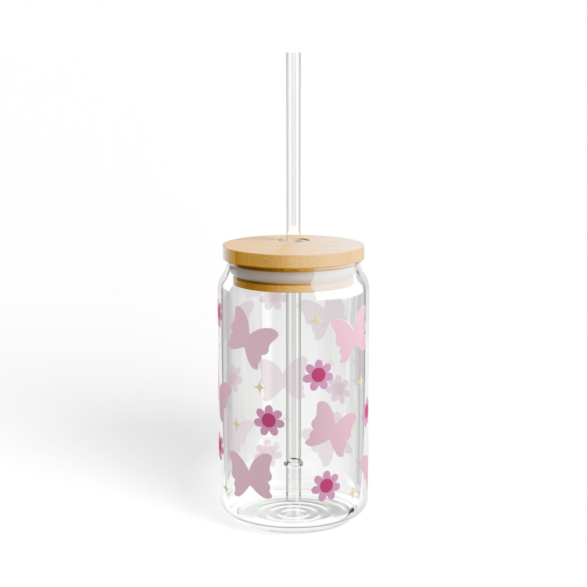 Butterflies & Daisies Tumbler Sipper Glass 16oz — Reusable Drink Jar with Lid & Straw
