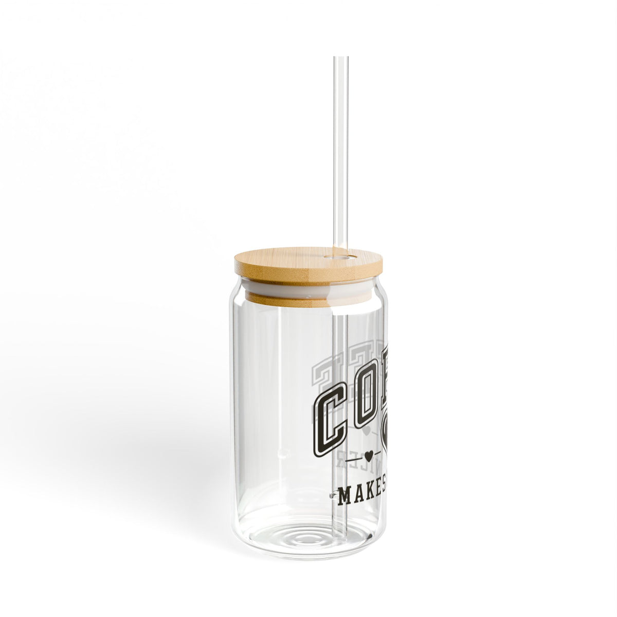 Coffee Makes Me Nicer Heart Sipper Glass 16oz Reusable Drink Jar with Lid & Straw