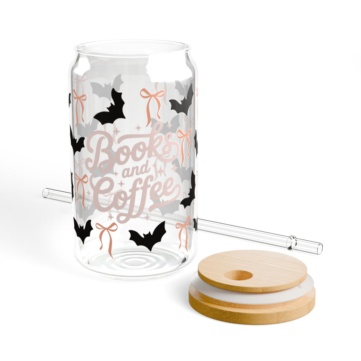 Bats Books & Coffee Sipper Glass 16oz Reusable Drink Jar with Lid & Straw
