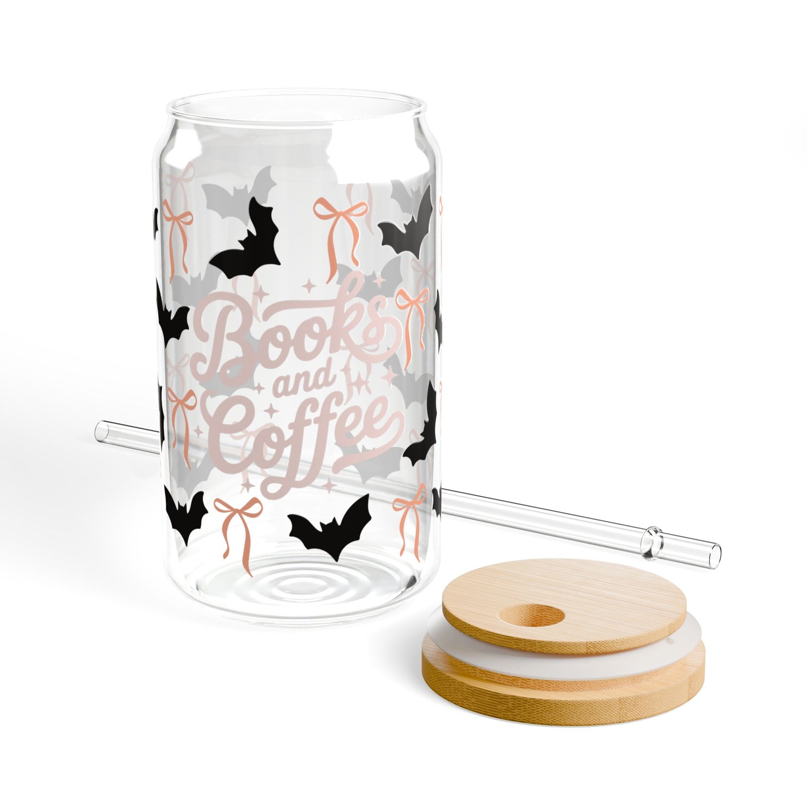 Bats Books & Coffee Sipper Glass 16oz Reusable Drink Jar with Lid & Straw