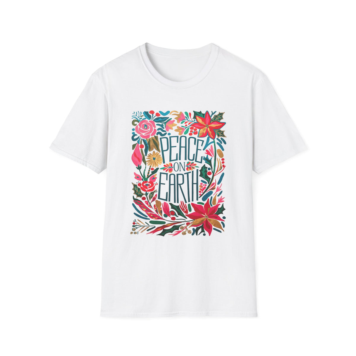 Peace on Earth Bright Christmas Florals Tee Graphic T-Shirt