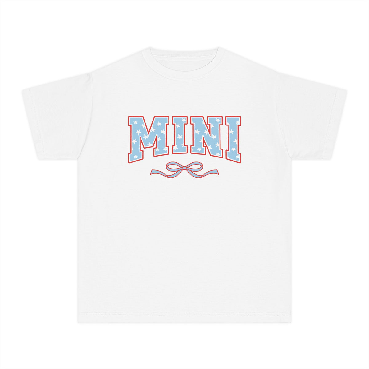Mini 4th of July USA Coquette Varsity Blue Bow Patriotic T-shirt Preppy Star Tee