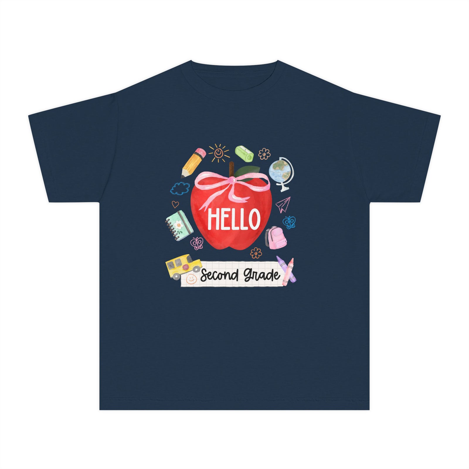 Hello Second Grade Preppy Coquette Apple Graphic Tee Back to School 2nd Grade T-Shirt