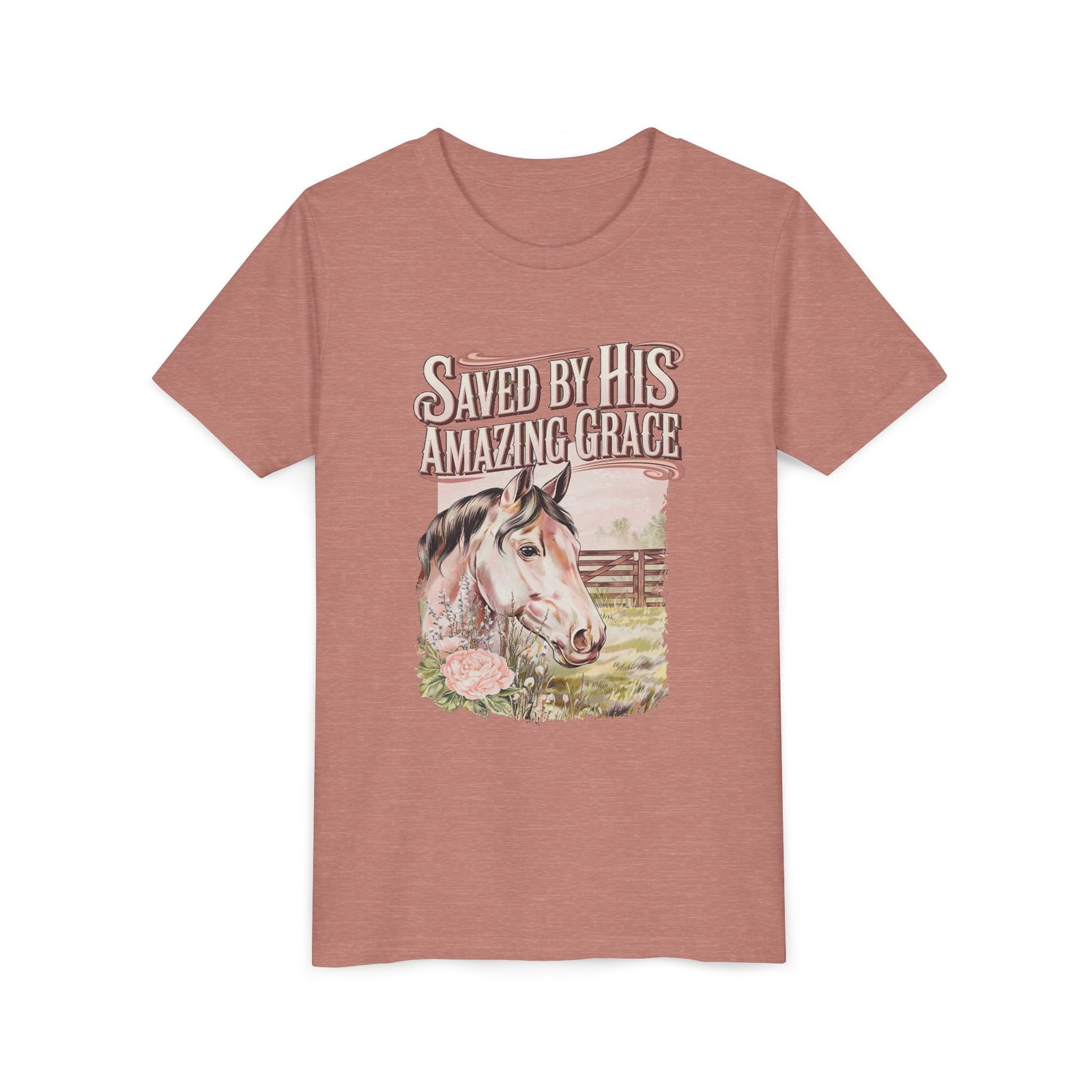 Youth Tee — "Saved By His Amazing Grace" Horse Graphic Christian Shirt