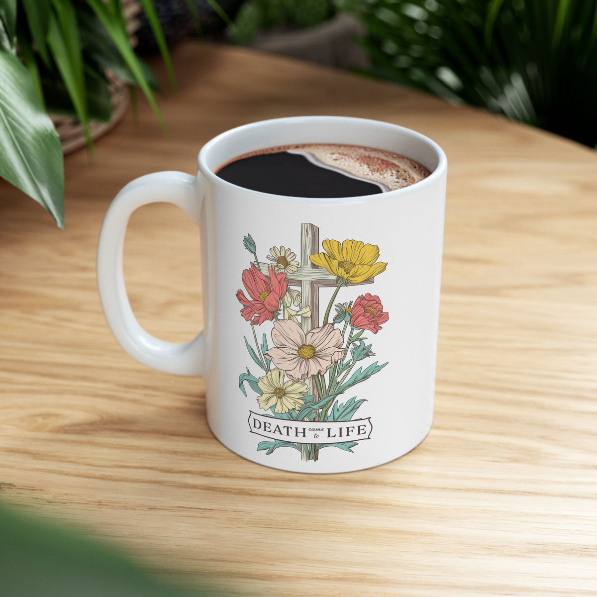 Death Came to Life Floral Cross Christian Ceramic Mug Coffee Cup (11oz & 15oz)
