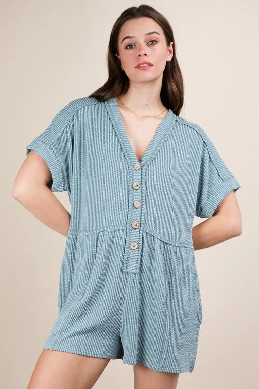 VERY J Two Tone Ribbed Knit Comfy Casual Romper - Sydney So Sweet