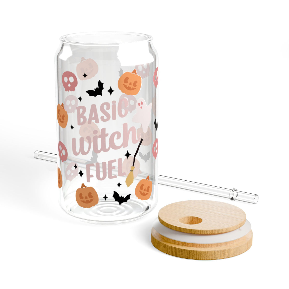 Basic Witch Fuel Halloween Sipper Glass 16oz Reusable Drink Jar with Lid & Straw