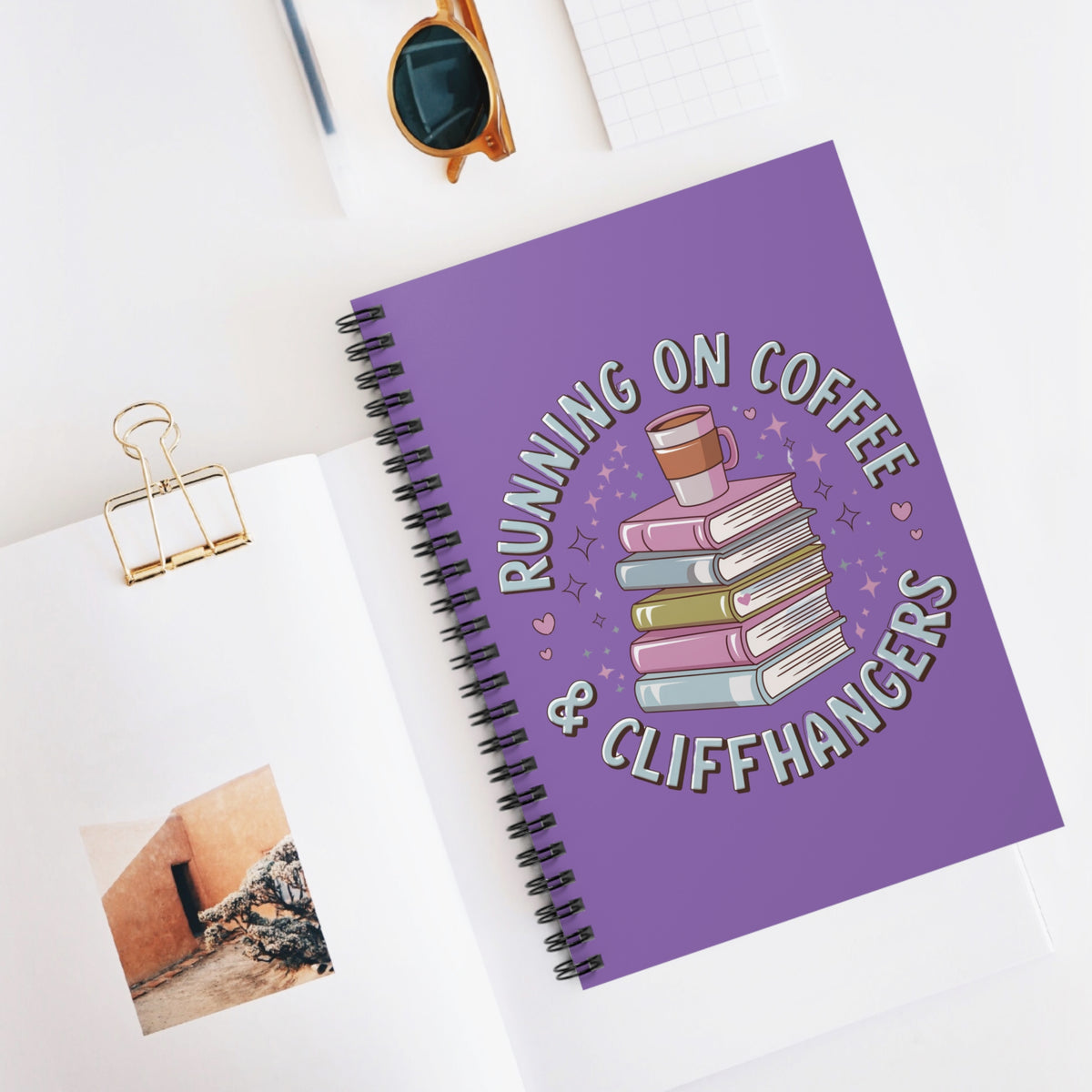 Running on Coffee & Cliffhangers Spiral Notebook Purple Book Lover Journal