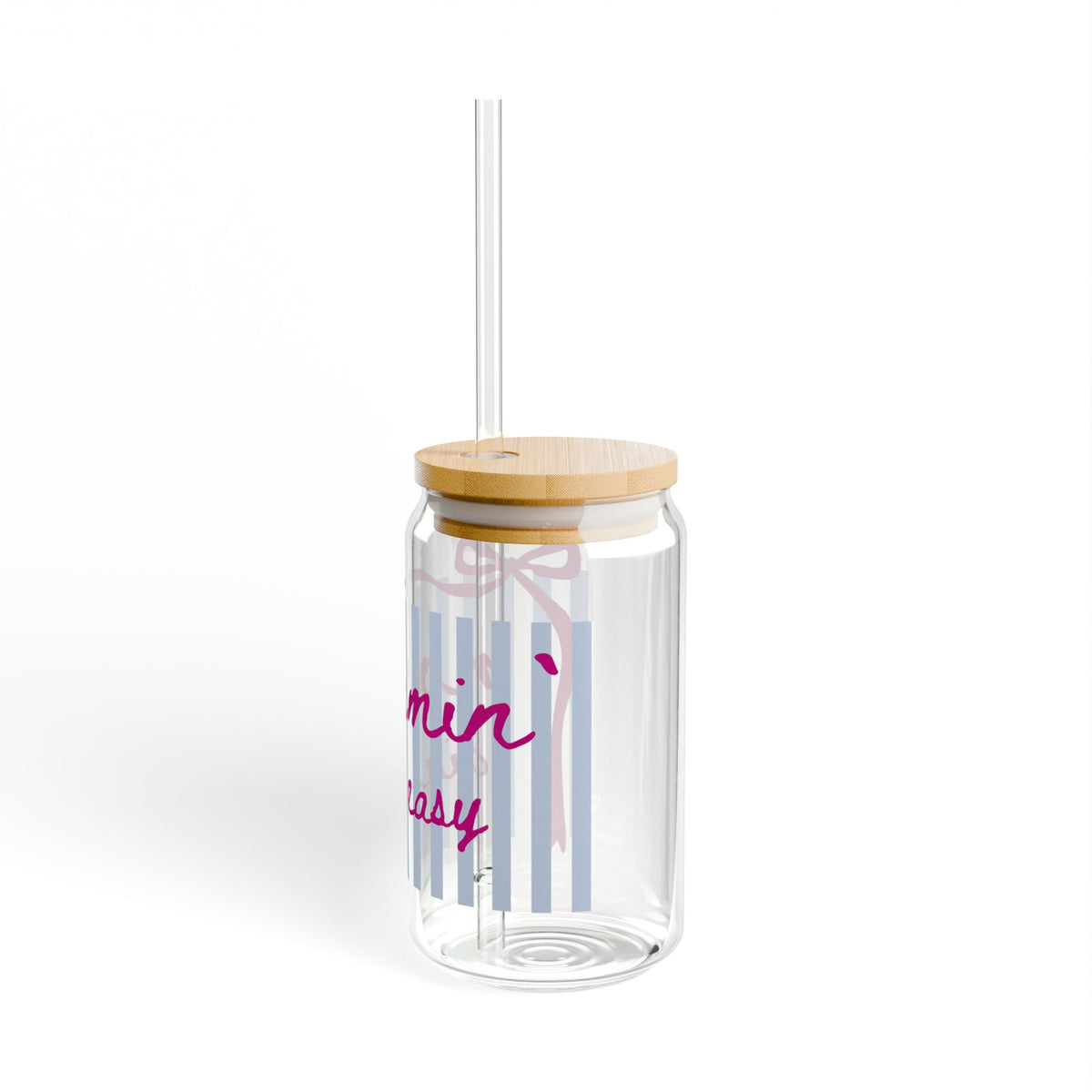 Mommin' Ain't Easy Pink Script Sipper Glass 16oz Reusable Drink Jar with Lid & Straw