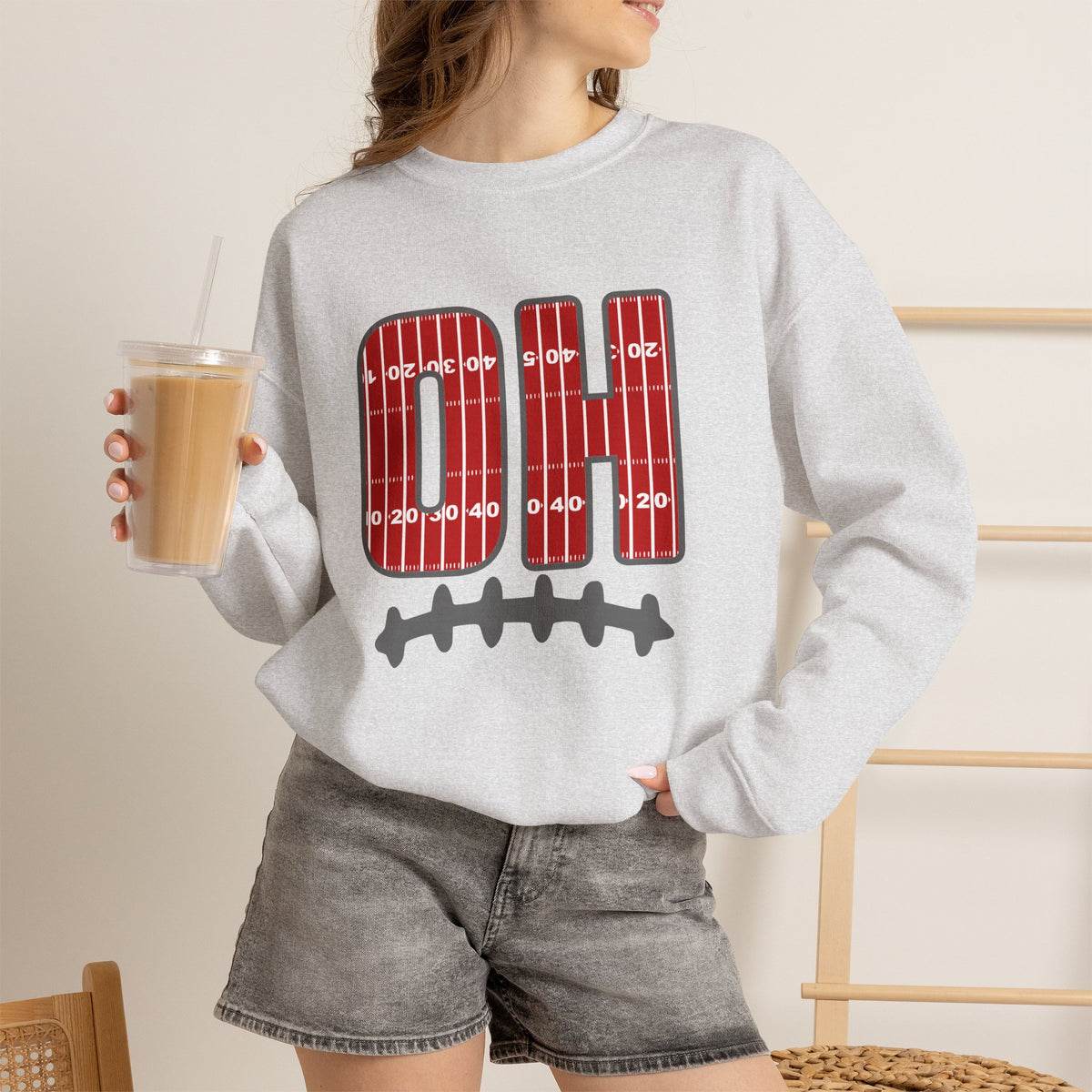 OH Football Field Stripe Ohio State Crew Neck Sweatshirt Scarlet & Gray Gameday Pullover