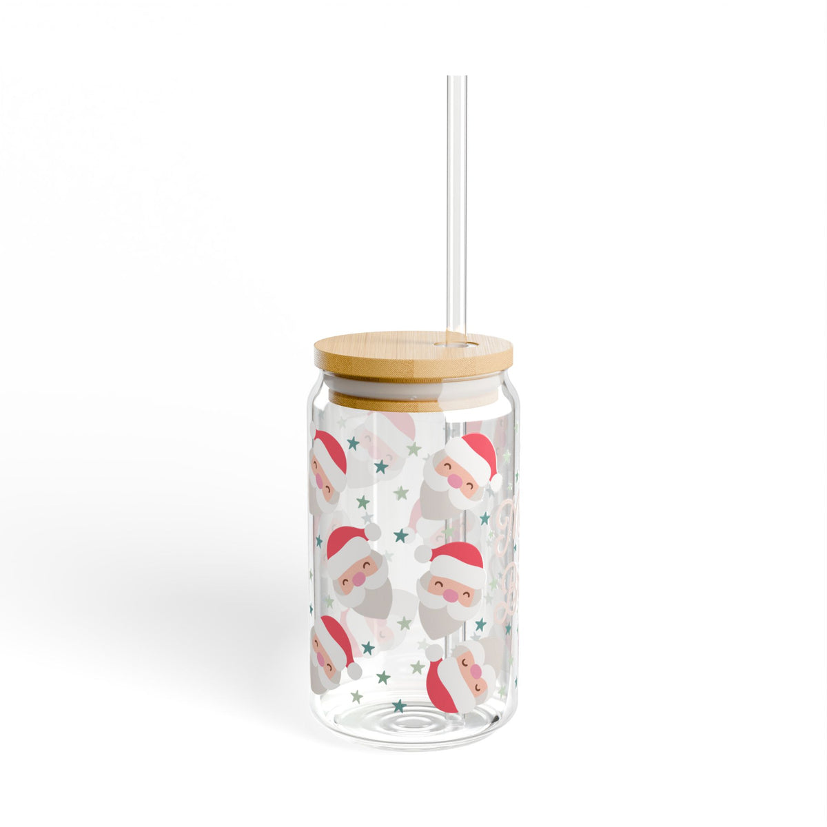 Merry & Bright Starry Santa Christmas Sipper Glass 16oz Reusable Drink Jar with Lid & Straw