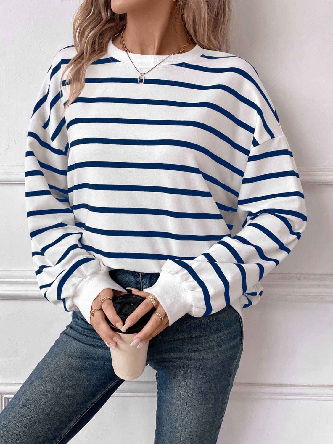 Striped Round Neck Long Sleeve Sweatshirt - Sydney So Sweet